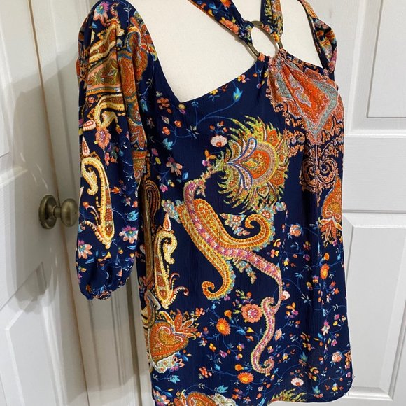 S Entro Top with Navy and Orange Print, Cold Shoulder, Gold Ring at Neck/Back - Picture 3 of 9